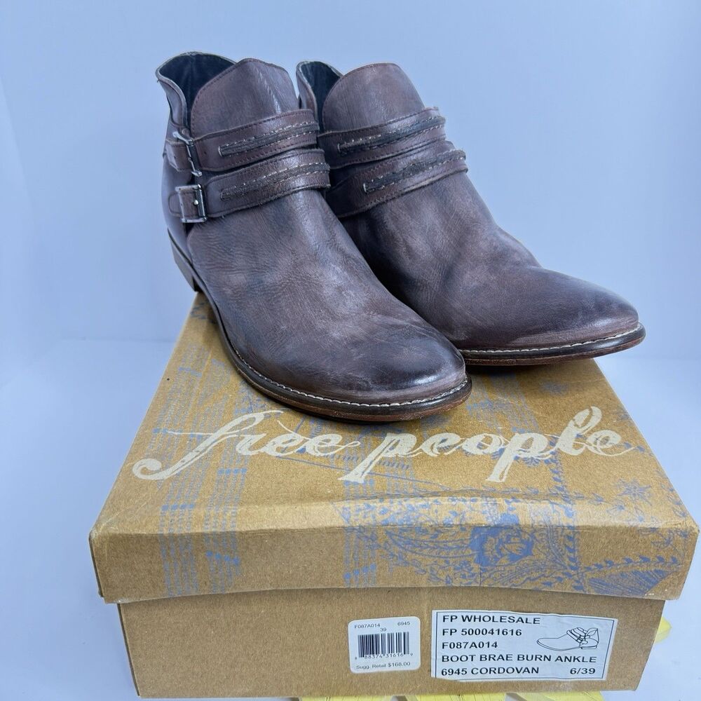 FREE PEOPLE Braeburn Ankle Boots Distressed Leather Buckle Strap Booties‎ Brown